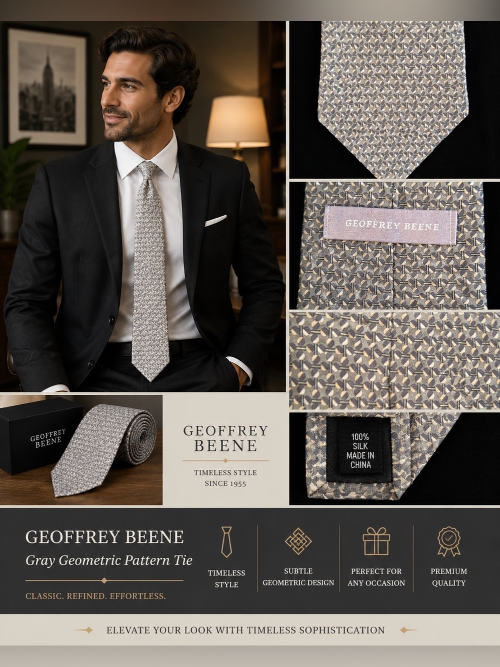 Geoffrey Beene Gray Geometric Pattern Tie